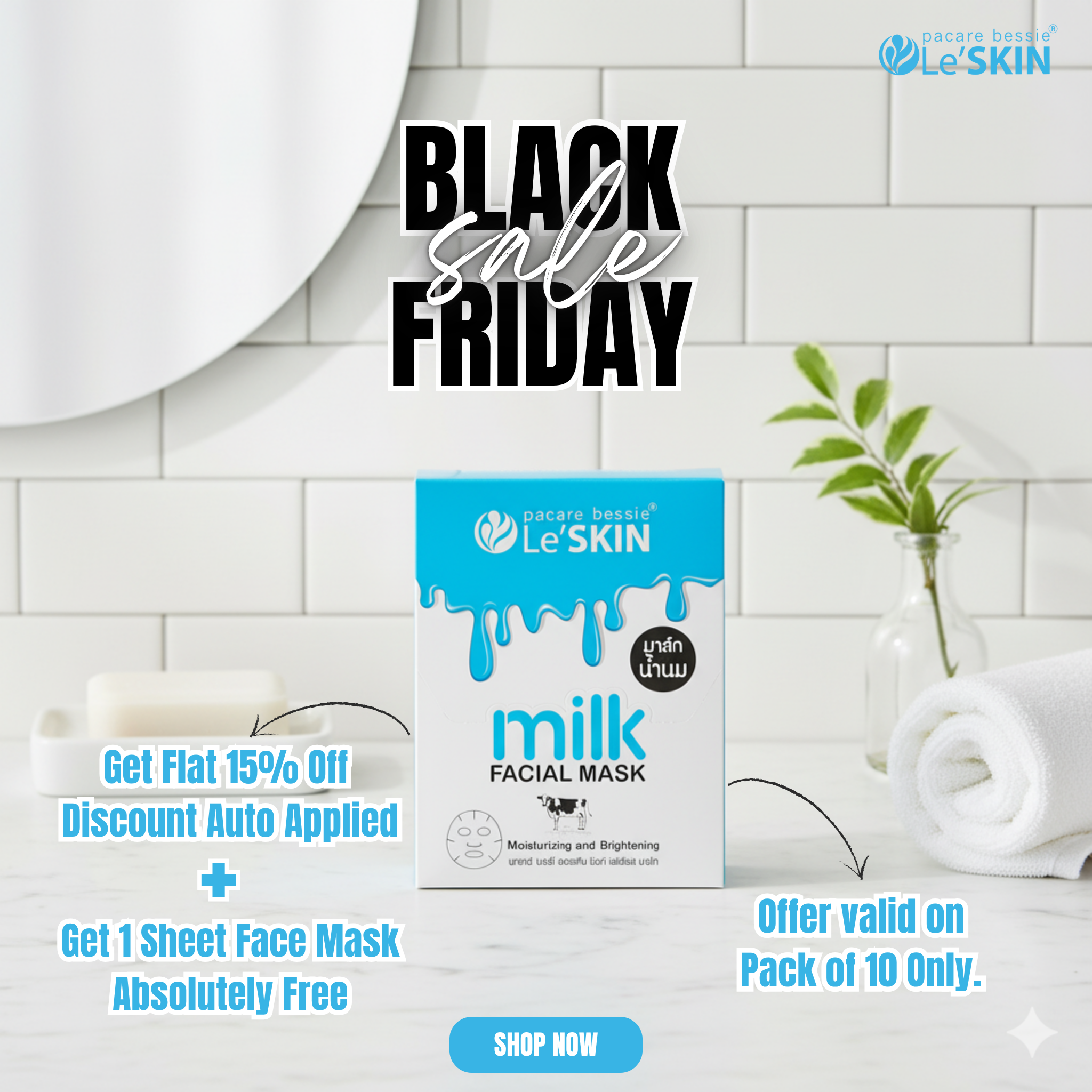 Le'Skin milk facial mask packaging with promotional text on a bathroom background