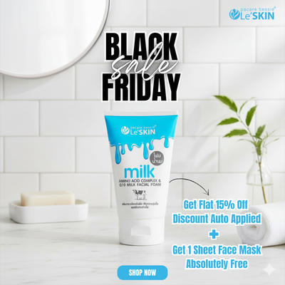 Facial foam packaging with promotional text for Le'Skin on a bathroom background